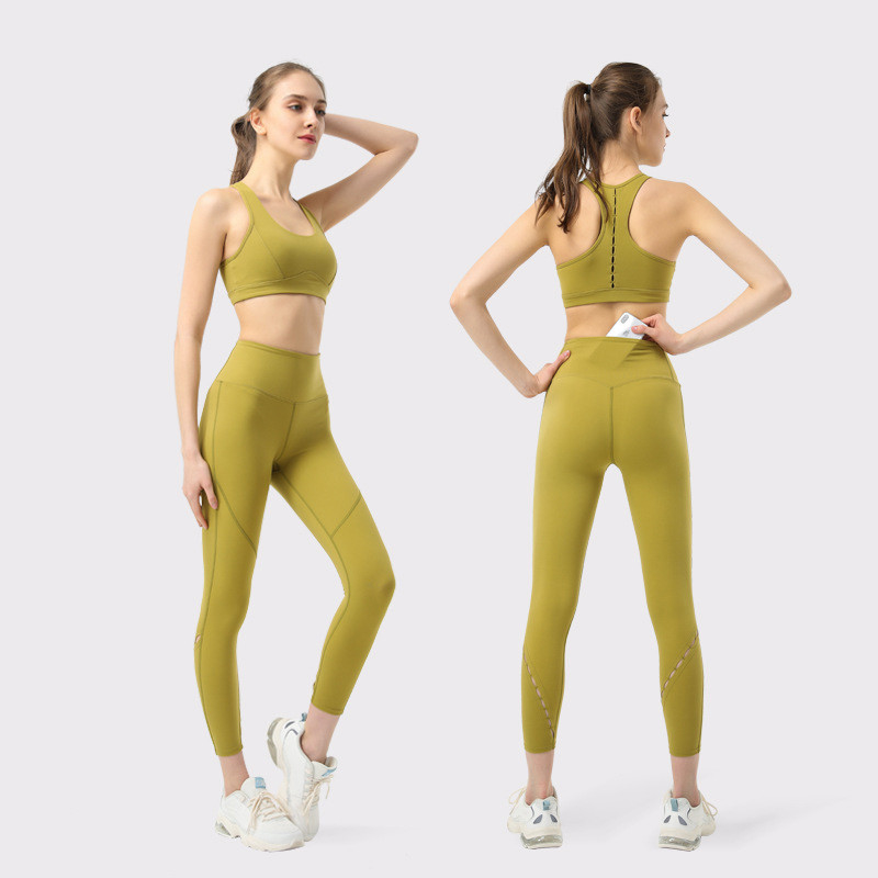 Hollow Out Knot Yoga Set Clothes Big Hidden Back Pocket Yoga Leggings Set